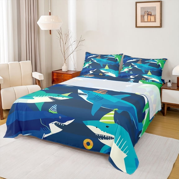 Feelyou Cute Ocean Shark Twin Sheet Sets for Kid, Funny Sealife Twin Fitted Sheet, Kawaii Cartoon Animal Flat Sheet, Breathable Home Decor, 3pcs