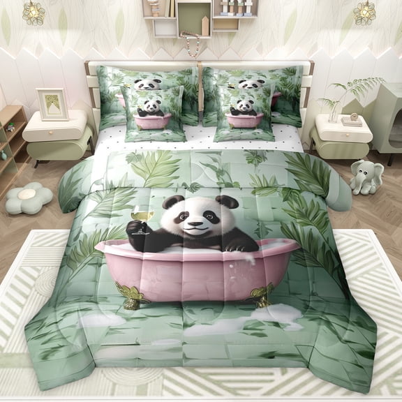 Feelyou Cute Panda Kids Twin Bedding Sets 7-Piece, Kawaii Cartoon Wildlife Bedding Comforter Set, Vintage Fashion Style Reversible Sheet Sets, Microfiber Bedroom Decor