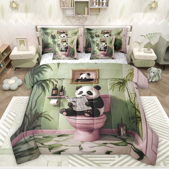 Feelyou Cute Panda Lover Twin Bedding Sets 7-Piece for Kid, Western Leaf Botanical Bedding Comforter Set, Kawaii Cartoon Animal Reversible Sheet Sets, Breathable Home Decor