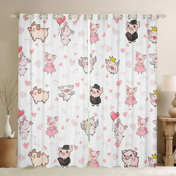Feelyou Cute Pig Princess Black Out Curtains for Teens, Kawaii Animal Curtains Pack of 2 (42x63 Each), Cartoon Love Haert Bedroom Curtains, Window Curtains Bedroom Decor