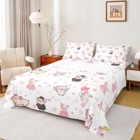 Feelyou Cute Pig Princess Twin Sheet Sets for Teens, Kawaii Animal Twin Fitted Sheet, Cartoon Love Haert Flat Sheet, Microfiber Bedroom Decor, 3pcs