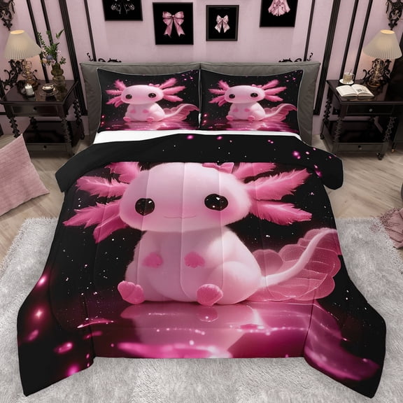 Feelyou Cute Pink Axolotl Bedding Comforter Set, Magic Animal Twin Comforter Sets, Dreamy Glitter Stars Galaxy Reversible Bedding Set, Ultra Soft Bedroom Decor, 2-Piece