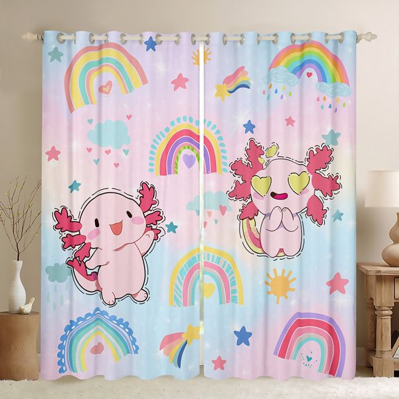 Feelyou Cute Pink Axolotl Black Out Curtains for Child, Kawaii Funny Animal Curtains Pack of 2 (42x63 Each), Cartoon Stars Rainbow Bedroom Curtains, Window Curtains Home Decor