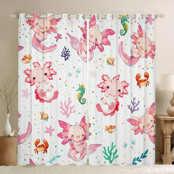 Feelyou Cute Pink Axolotl Curtains Pack of 2 (42x84 Each) for Child, Cartoon Seahorse Crab Curtains Blackout, Dreamy Animal Bedroom Curtains, Black Out Curtains Decor