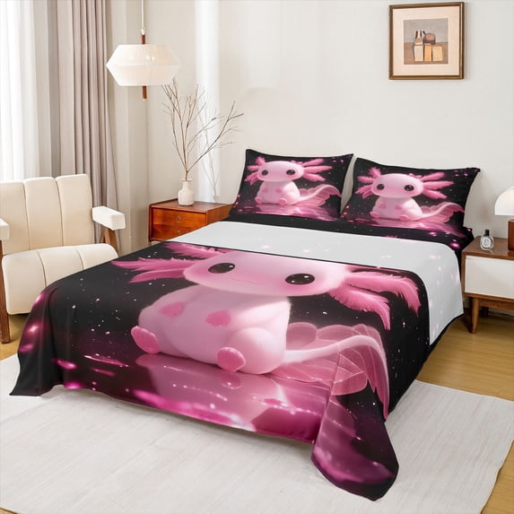 Feelyou Cute Pink Axolotl Full Size Sheets, Magic Animal Bed Sheets, Dreamy Glitter Stars Galaxy Sheet Sets, Ultra Soft Bedroom Decor, 4-Piece