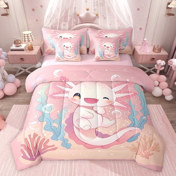 Feelyou Cute Pink Axolotl Twin Bedding Sets 7-Piece for Child, Cartoon Ocean Animal Bedding Comforter Set, Dreamy Fairy Tale Reversible Sheet Sets, Breathable Home Decor