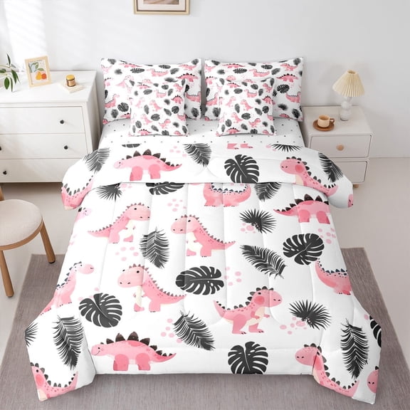 Feelyou Cute Pink Dinosaur Bedding Comforter Set 7 Pieces, Cartoon Animal Full Bedding Set, Tropic Palm Plant Fitted Sheet Flat Sheet, Lightweight Room Decor