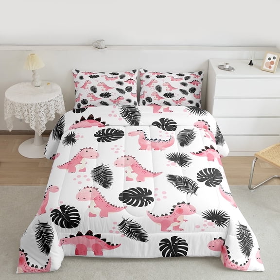 Feelyou Cute Pink Dinosaur Full Size Comforter Sets, Cartoon Animal Bedding Comforter Set, Tropic Palm Plant Bedding Sets, Lightweight Room Decor, 3 Pieces