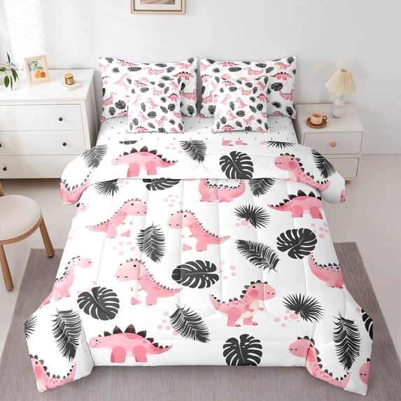 Feelyou Cute Pink Dinosaur Twin Bedding Sets 7-Piece, Cartoon Animal Bedding Comforter Set, Tropic Palm Plant Sheet Sets, Lightweight Room Decor