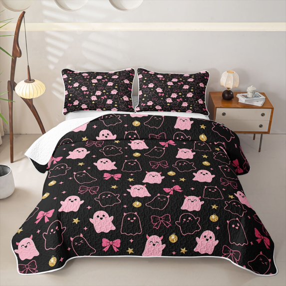 Feelyou Cute Pink Ghost Bow Bed Spread Queen, Kawaii Star Print Queen Coverlet Set, 3-Piece, 1 Comforter and 2 Pillowcases