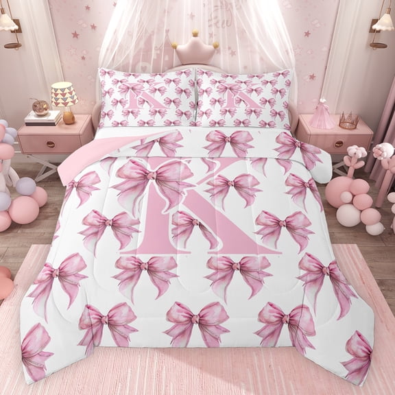 Feelyou Cute Pink Monogrammed Bedding Comforter Set for Child, Kawaii Bow Letter K Twin Comforter Sets, Dreamy Princess Style Reversible Bedding Set, Lightweight Room Decor, 2 Pieces