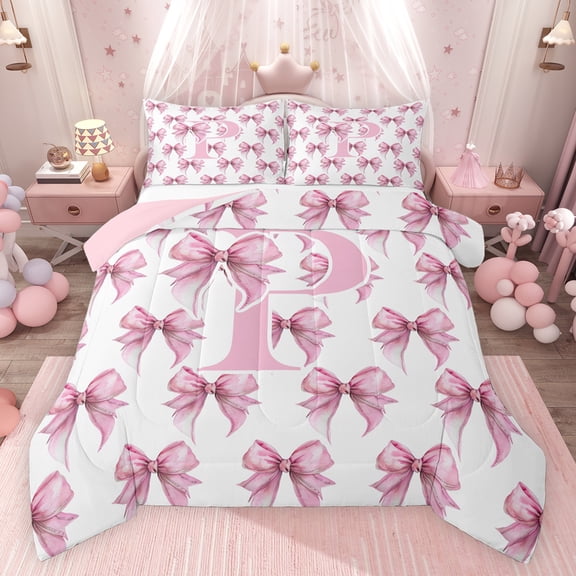 Feelyou Cute Pink Monogrammed Bedding Comforter Set for Child, Kawaii Bow Letter P Twin Comforter Sets, Dreamy Princess Style Reversible Bedding Set, Luxury Bedroom Decor, 2 Pieces