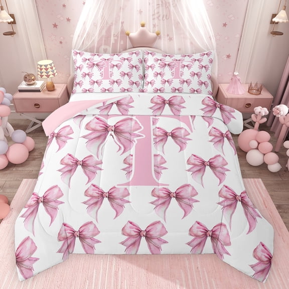 Feelyou Cute Pink Monogrammed Bedding Comforter Set for Child, Kawaii Bow Letter T Twin Comforter Sets, Dreamy Princess Style Reversible Bedding Set, Breathable Home Decor, 2 Pieces