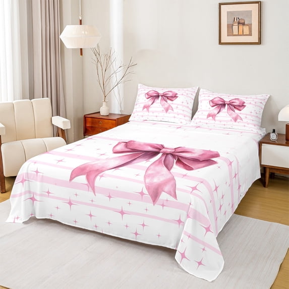 Feelyou Cute Princess Bow Bed Sheets for Child, Fashion Stripes Pink King Sheets, Kawaii Princess Ribbon Sheet Set, Ultra Soft Bedroom Decor, 4-Piece