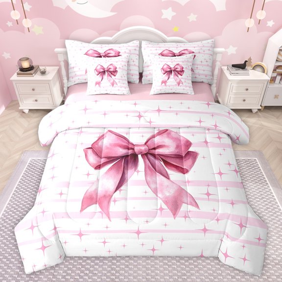 Feelyou Cute Princess Bow Bedding Comforter Set 7pcs for Child, Fashion Stripes Pink Queen Bedding Sets, Kawaii Princess Ribbon Reversible Queen Sheet Sets, Ultra Soft Bedroom Decor