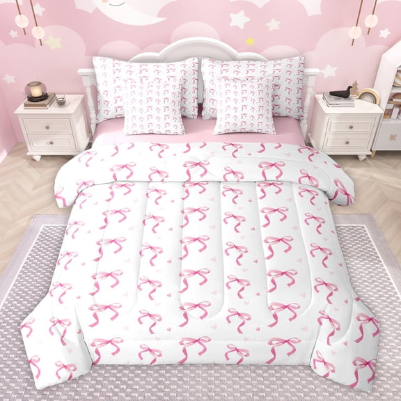 Feelyou Cute Princess Bow Bedding Comforter Set 7pcs for Child, Kawaii Ribbon Pink King Bedding Sets, Cartoon Love Heart Reversible Bed Sheets, Microfiber Bedroom Decor