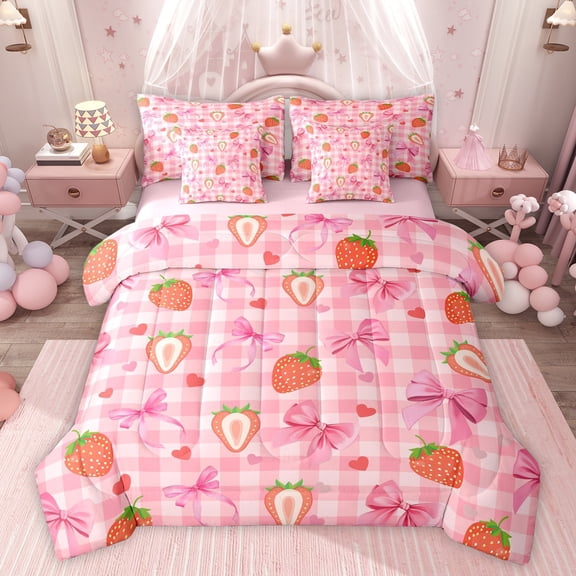Feelyou Cute Princess Bowknot Bedding Comforter Set 7pcs, Girly Pink Buffalo Plaid King Bedding Sets, Strawberry Love Heart Reversible Bed Sheets, Ultra Soft Bedroom Decor
