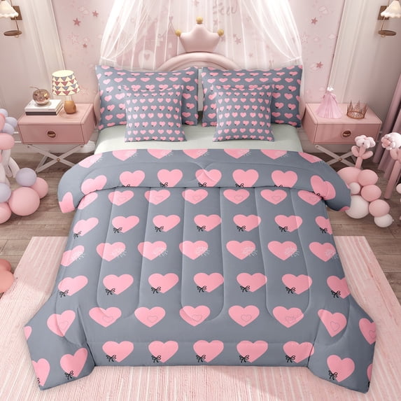 Feelyou Cute Princess Bowknot Bedding Comforter Set 7pcs, Love Heart Grey Pink Queen Bedding Sets, Teens Kids Boys Girls Reversible Queen Sheet Sets, Luxury Bedroom Decor