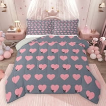Feelyou Cute Princess Bowknot Bedding Comforter Set, Love Heart Grey Pink Twin Comforter Sets, Teens Kids Boys Girls Reversible Bedding Set, Luxury Bedroom Decor, 2 Pieces