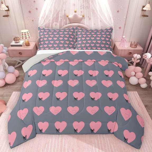 Feelyou Cute Princess Bowknot Bedding Comforter Set, Love Heart Grey Pink Twin Comforter Sets, Teens Kids Boys Girls Reversible Bedding Set, Luxury Bedroom Decor, 2 Pieces