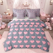 Feelyou Cute Princess Bowknot Twin Bedding Sets 7-Piece, Love Heart Grey Pink Bedding Comforter Set, Teens Kids Boys Girls Reversible Sheet Sets, Luxury Bedroom Decor