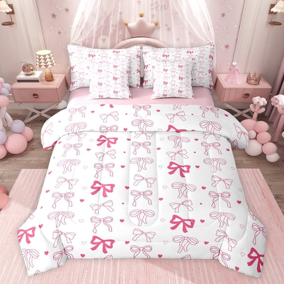 Feelyou Cute Princess Ribbon Bedding Comforter Set 7 Pieces for Teens, Girly Pink Bowknot Full Bedding Set, Kawaii Love Heart Reversible Fitted Sheet Flat Sheet, Microfiber Bedroom Decor