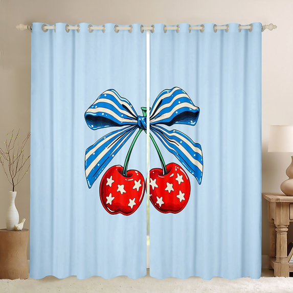Feelyou Cute Princess Ribbon Blackout Curtains Set of 2 (52x84 Each) for Girl, Cartoon Stars Cherry Window Curtains, Kawaii Bowknot Blue Red Curtains and Drapes, Window Curtains Decor