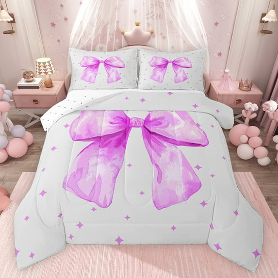 Feelyou Cute Princess Ribbon Queen Comforter Set for Teens, Purple Watercoor Bow Bedding Sets, Kawaii Stars Print Reversible Bedding Comforter Set, Super Cozy Room Decor, 3pcs
