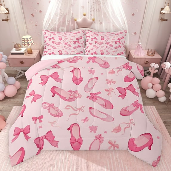 Feelyou Cute Princess Shose Bedding Comforter Set for Teen, Kawaii Pink Ribbon Twin Comforter Sets, Cartoon Bowknot Bow Reversible Bedding Set, Ultra Soft Bedroom Decor, 2 Pieces