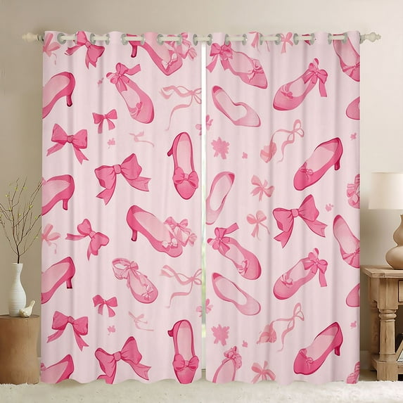 Feelyou Cute Princess Shose Black Out Curtains for Teen, Kawaii Pink Ribbon Curtains Pack of 2 (42x63 Each), Cartoon Bowknot Bow Bedroom Curtains, Living Room Curtains Decor