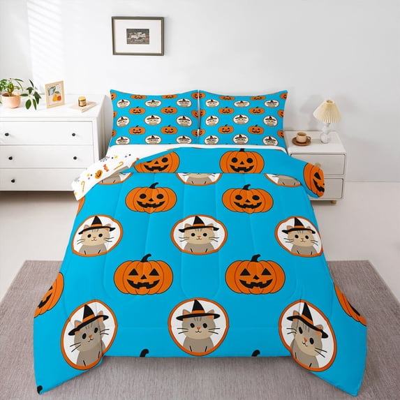 Feelyou Cute Pumpkin Queen Comforter Set, Cartoon Witch Cat Comforter Sets Queen, Cyan Orange, Halloween Reversible, 3 Pieces, 1 Comforter and 2 Pillowcases