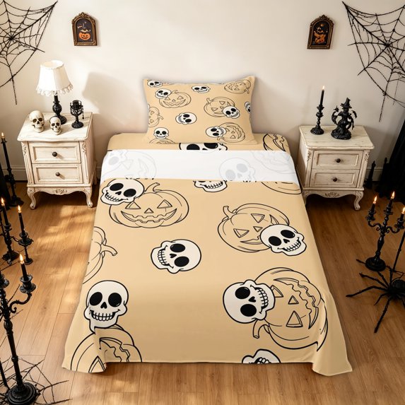 Feelyou Cute Pumpkin Skull Line Art Twin Sheets, Cartoon Halloween Print Bedding, Cream Orange, 3 Pieces, 1 Flat Sheet, 1 Fitted Sheet and 1 Pillowcase