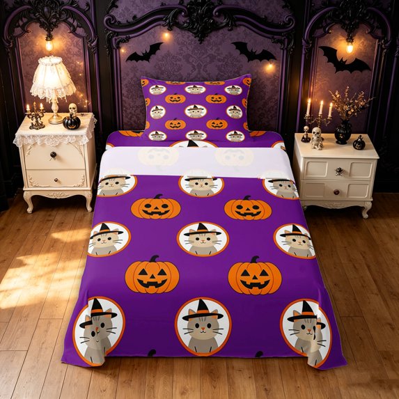 Feelyou Cute Pumpkin Twin Sheets, Cartoon Witch Cat Bedding, Purple Orange, 3pcs, 1 Flat Sheet, 1 Fitted Sheet and 1 Pillowcase