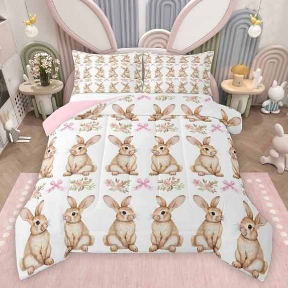 Feelyou Cute Rabbit Teens Full Size Comforter Sets, Pink Princess Bowknot Ribbon Bedding Comforter Set, Kawaii Easter Bunny Reversible Bedding Sets, Luxury Bedroom Decor, 3 Pieces
