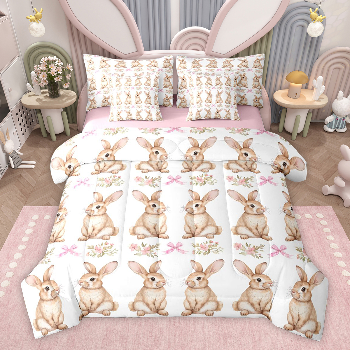 Reversible Sheets Feelyou Cute Rabbit Teens Twin Bedding Sets 7-Piece, Pink Princess ...