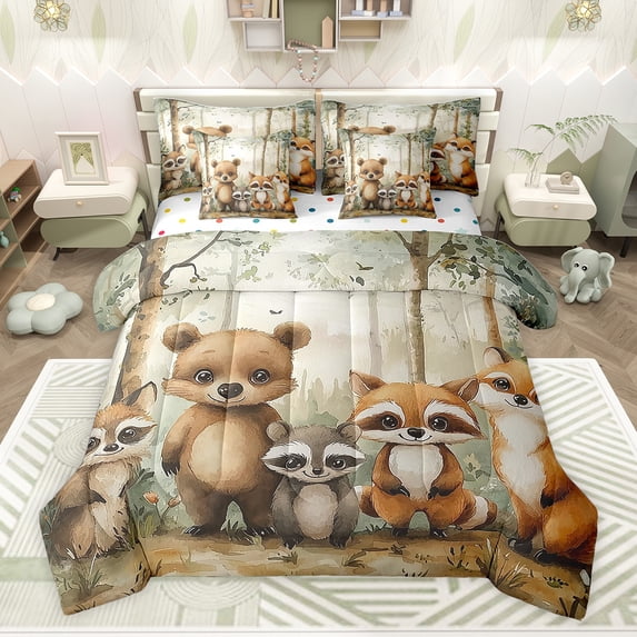 Feelyou Cute Raccoon Bear Bedding Comforter Set 7 Pieces, Rustic Fox Squirrel Full Bedding Set, Kawaii Jungle Animals Reversible Fitted Sheet Flat Sheet, Breathable Home Decor