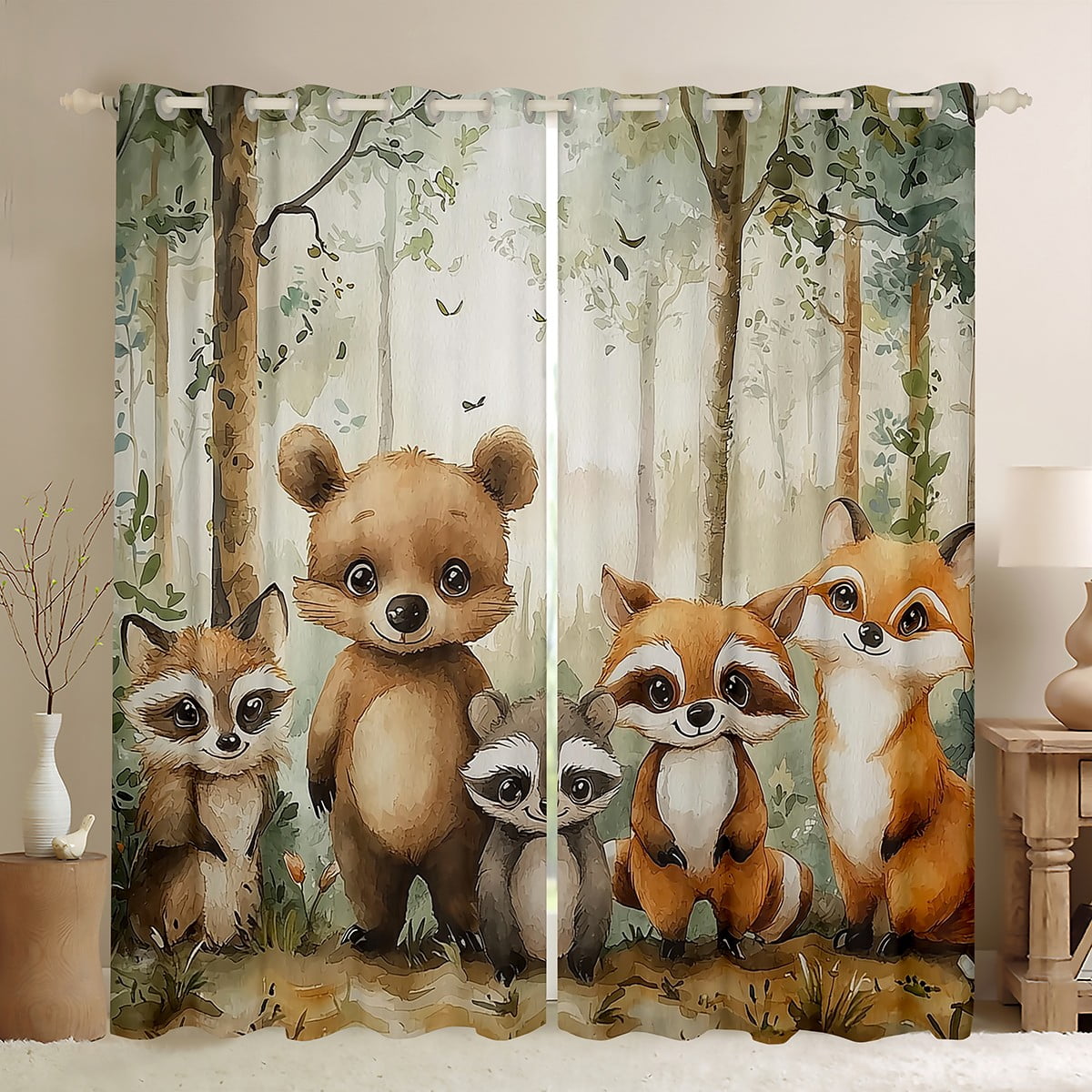 Feelyou Cute Raccoon Bear Curtains Pack of 2 (42x84 Each), Rustic Fox Squirrel Curtains Blackout, Kawaii Jungle Animals Bedroom Curtains, Window Curtains Home Decor