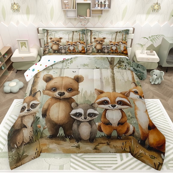 Feelyou Cute Raccoon Bear Queen Comforter Set, Rustic Fox Squirrel Bedding Sets, Kawaii Jungle Animals Reversible Bedding Comforter Set, Breathable Home Decor, 3-Piece