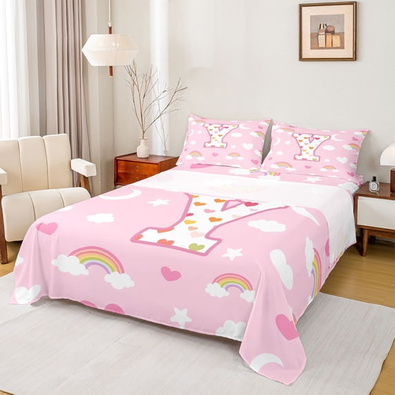 Feelyou Cute Rainbow Love Heart Bed Sheets for Girls, Lovely Star Moon King Sheets, Pink, 4pcs