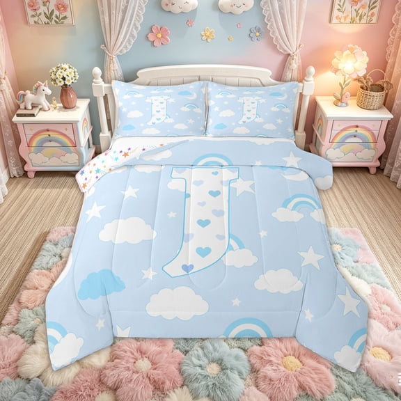 Feelyou Cute Rainbow Love Heart Queen Comforter Set for Kids, Lovely Star Moon Bedding Comforter Set, Blue, Colorful Stars Reversible, 3pcs