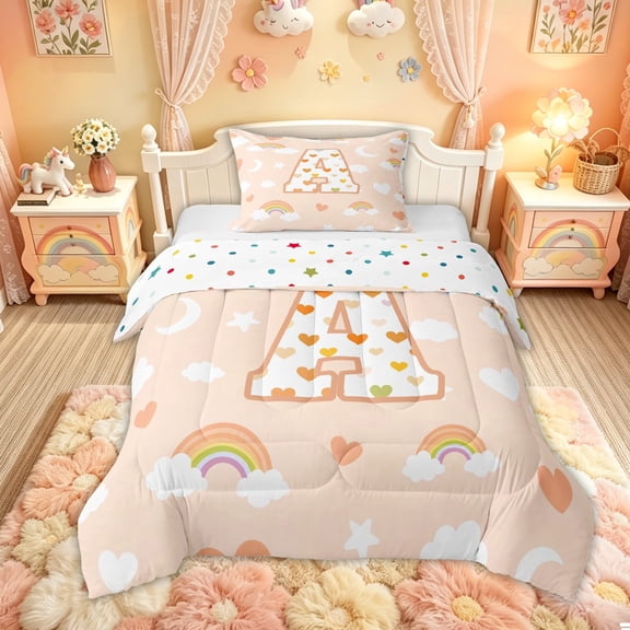 Feelyou Cute Rainbow Love Heart Twin Comforter Sets for Girls, Lovely Star Moon Bedding Set for Kids, Peach, Polkadot Reversible, 2 Pieces