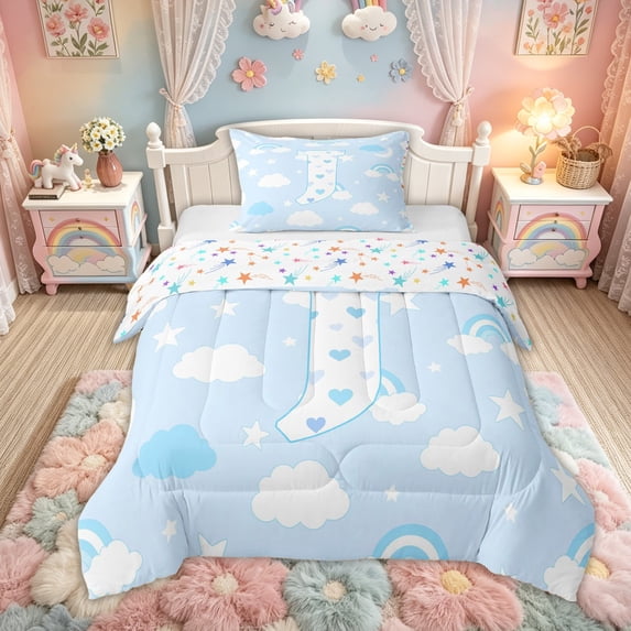Feelyou Cute Rainbow Love Heart Twin Comforter Sets for Kids, Lovely Star Moon Bedding Set, Blue, Colorful Stars Reversible, 2pcs