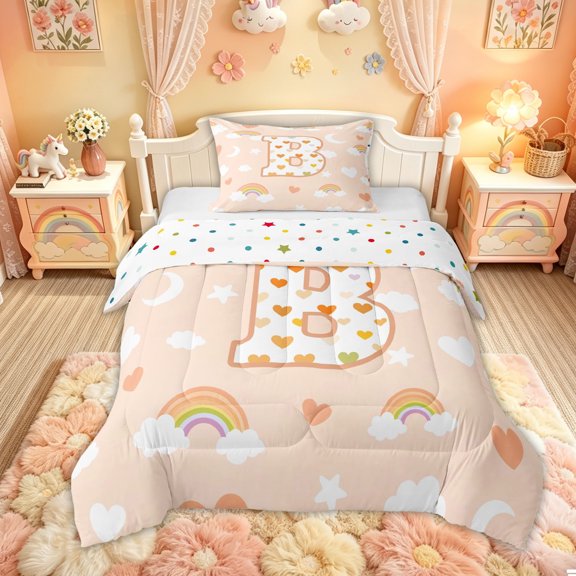 Feelyou Cute Rainbow Love Heart Twin Comforter Sets for Kids, Lovely Star Moon Bedding Set for Bedroom, Peach, Polkadot Reversible, 2pcs