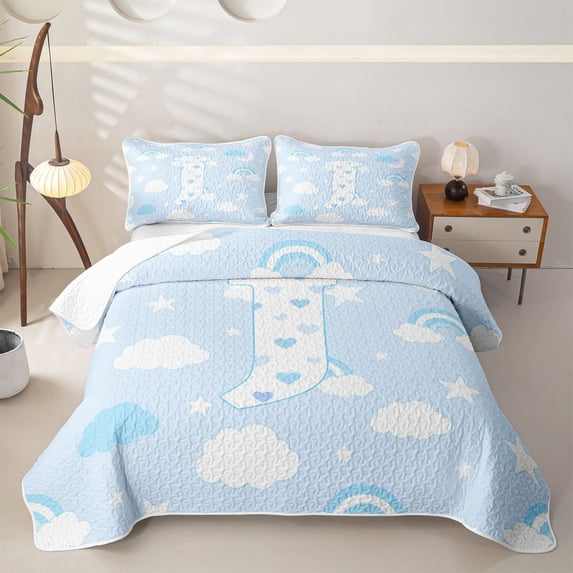 Feelyou Cute Rainbow Love Heart Twin Quilt Set for Boys Girls, Lovely Star Moon Twin Coverlet Set, Blue, 2pcs