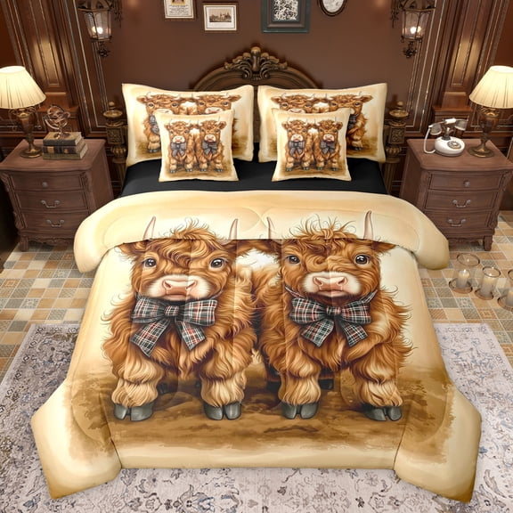 Feelyou Cute Ribbon Cow Bedding Comforter Set 7 Pieces for Child, Kawaii Highland Bull Full Bedding Set,, Rustic Animal Theme Reversible Fitted Sheet Flat Sheet, Lightweight Room Decor