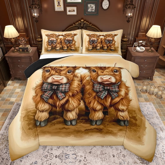 Feelyou Cute Ribbon Cow Queen Comforter Set for Child, Kawaii Highland Bull Bedding Sets,, Rustic Animal Theme Reversible Bedding Comforter Set, Lightweight Room Decor, 3pcs