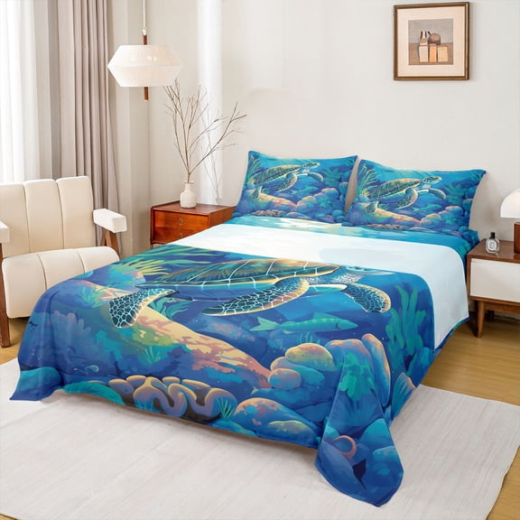 Feelyou Cute Sea Turtle Queen Sheet Sets, Dreamy Cartoon Animal Flat Sheet, Underwater World Queen Fitted Sheet, Luxury Bedroom Decor, 4-Piece