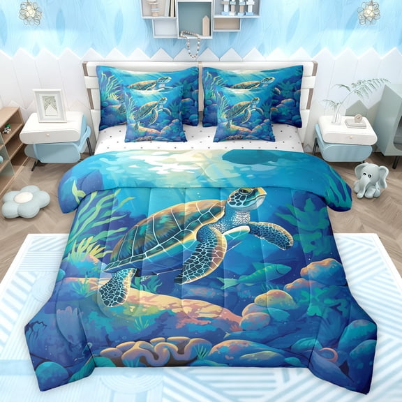 Feelyou Cute Sea Turtle Twin Bedding Sets 7-Piece, Dreamy Cartoon Animal Bedding Comforter Set, Underwater World Reversible Sheet Sets, Luxury Bedroom Decor