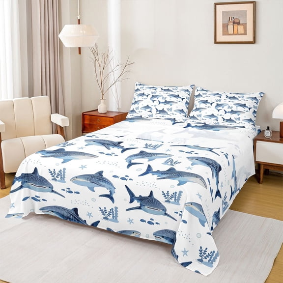 Feelyou Cute Shark Animal Full Size Sheets, Coral Sealife Child Bed Sheets, 4-Piece