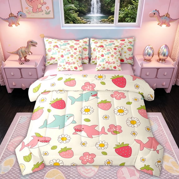 Feelyou Cute Shark Animal Twin Bedding Sets for Girls Kids, Strawberry Flower Bedding Comforter Set, Pink Cream, Pink Reversible, 7-Piece